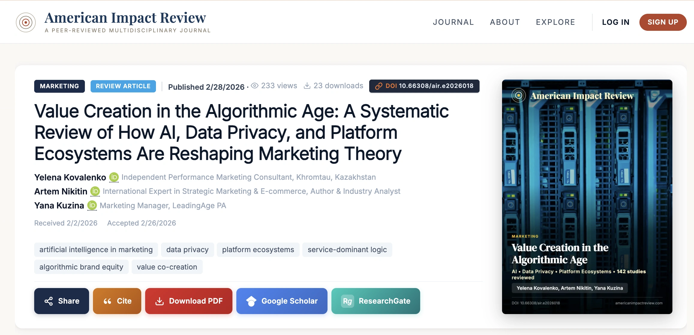Пример статьи в American Impact Review - DOI, авторы, даты, ключевые слова, ссылки на Google Scholar и ResearchGate